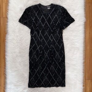 Vintage 80s Black Fully Beaded Embellished Short Sleeve Modest Knee Length Dress